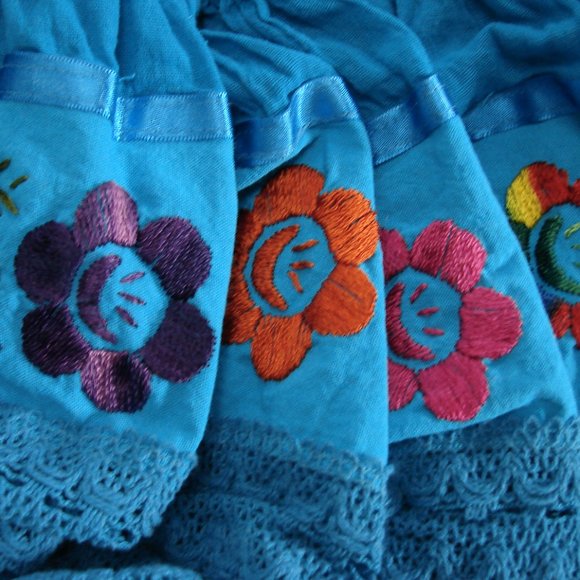 Bright Turquoise Aqua  Mexican Floral Embroidered Dress Off Shoulder Summer - Picture 8 of 12